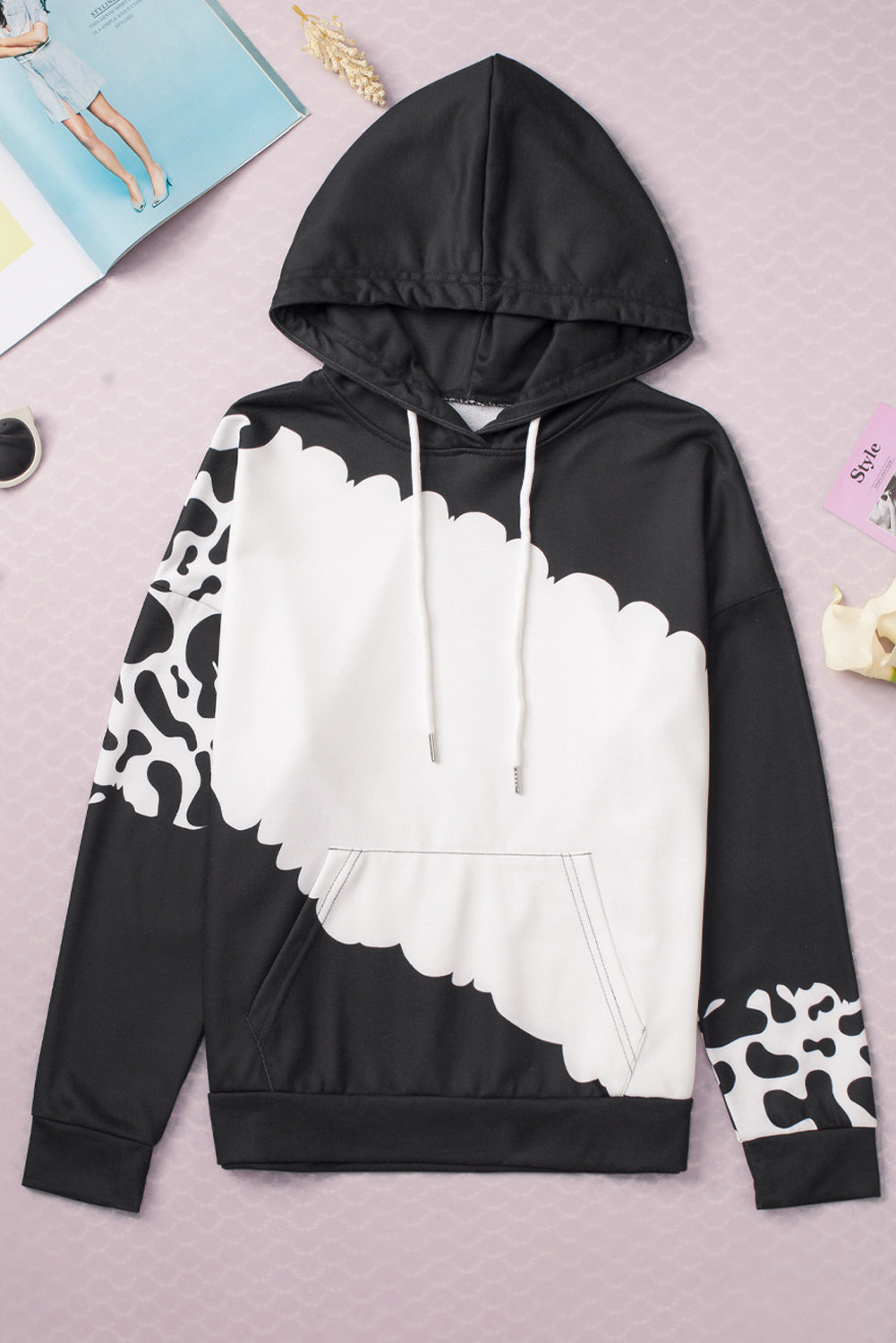 Black Cow Tie Dye Print Pocketed Drawstring Pullover Hoodie Sweatshirts & Hoodies JT's Designer Fashion