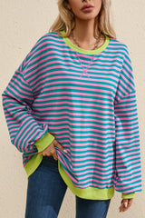 Green Stripe Oversized Contrast Trim Pullover Sweatshirt Sweatshirts & Hoodies JT's Designer Fashion