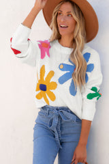 White Colorful Big Flower Pattern Crewneck Sweater Sweaters JT's Designer Fashion