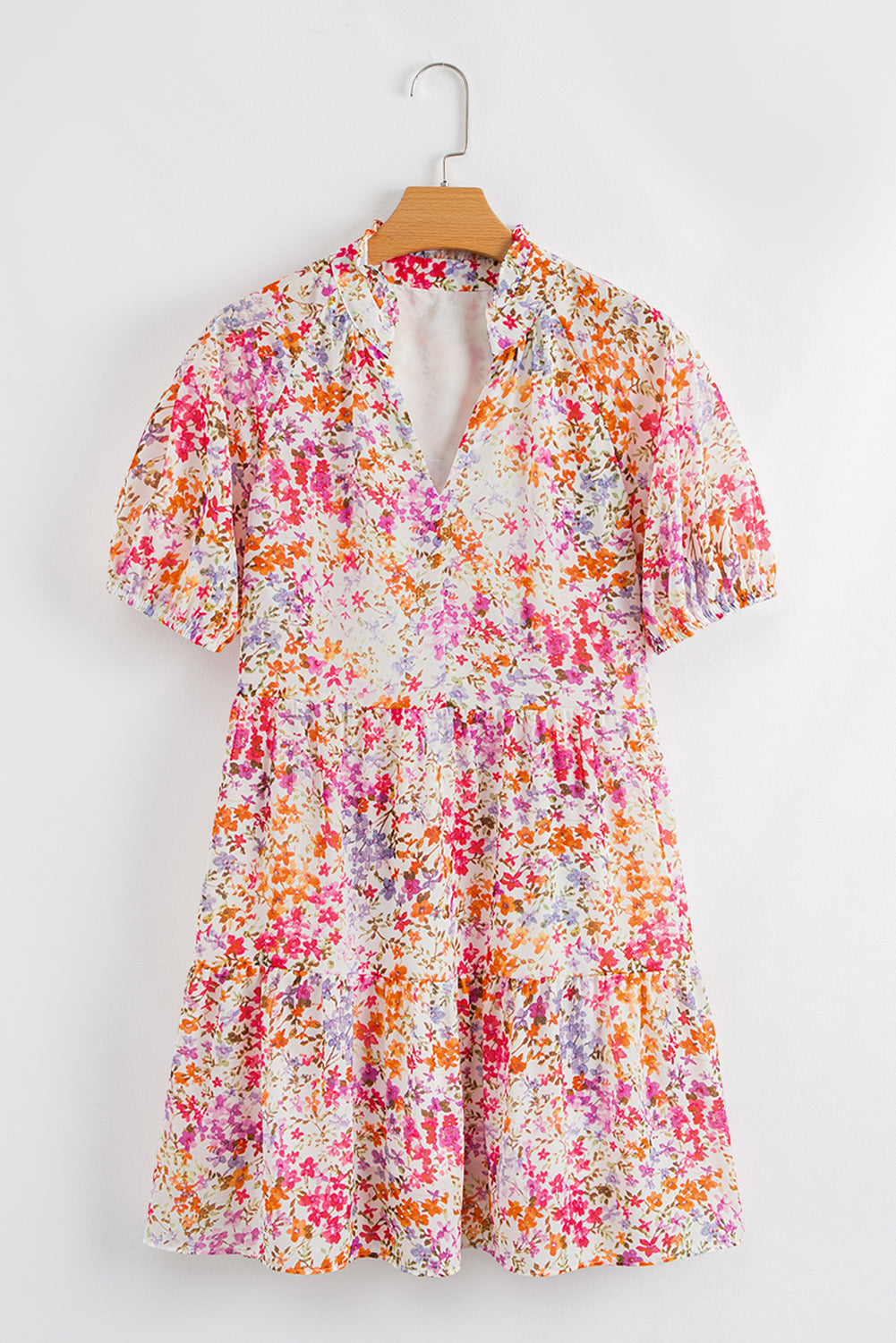 Red Floral Puff Sleeve Notched V Neck Tiered Mini Dress Floral Dresses JT's Designer Fashion