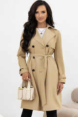 Pale Khaki Solid Color Lapel Collar Waist Tie Wind Coat Coats JT's Designer Fashion