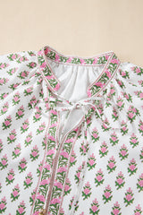 Pink Floral Print Bubble Sleeve Neck Tie Ruffled Dress Floral Dresses JT's Designer Fashion