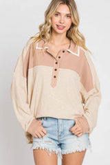 Apricot Oversized Knit Top With Waffle Contrast Long Sleeve Tops JT's Designer Fashion