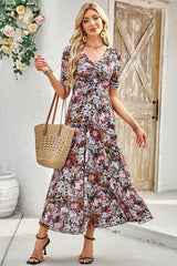 Brown Mesh Leopard Floral Reversible V Neck Short Sleeve Dress Dresses JT's Designer Fashion