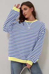 Blue Stripe Oversized Contrast Trim Pullover Sweatshirt Sweatshirts & Hoodies JT's Designer Fashion