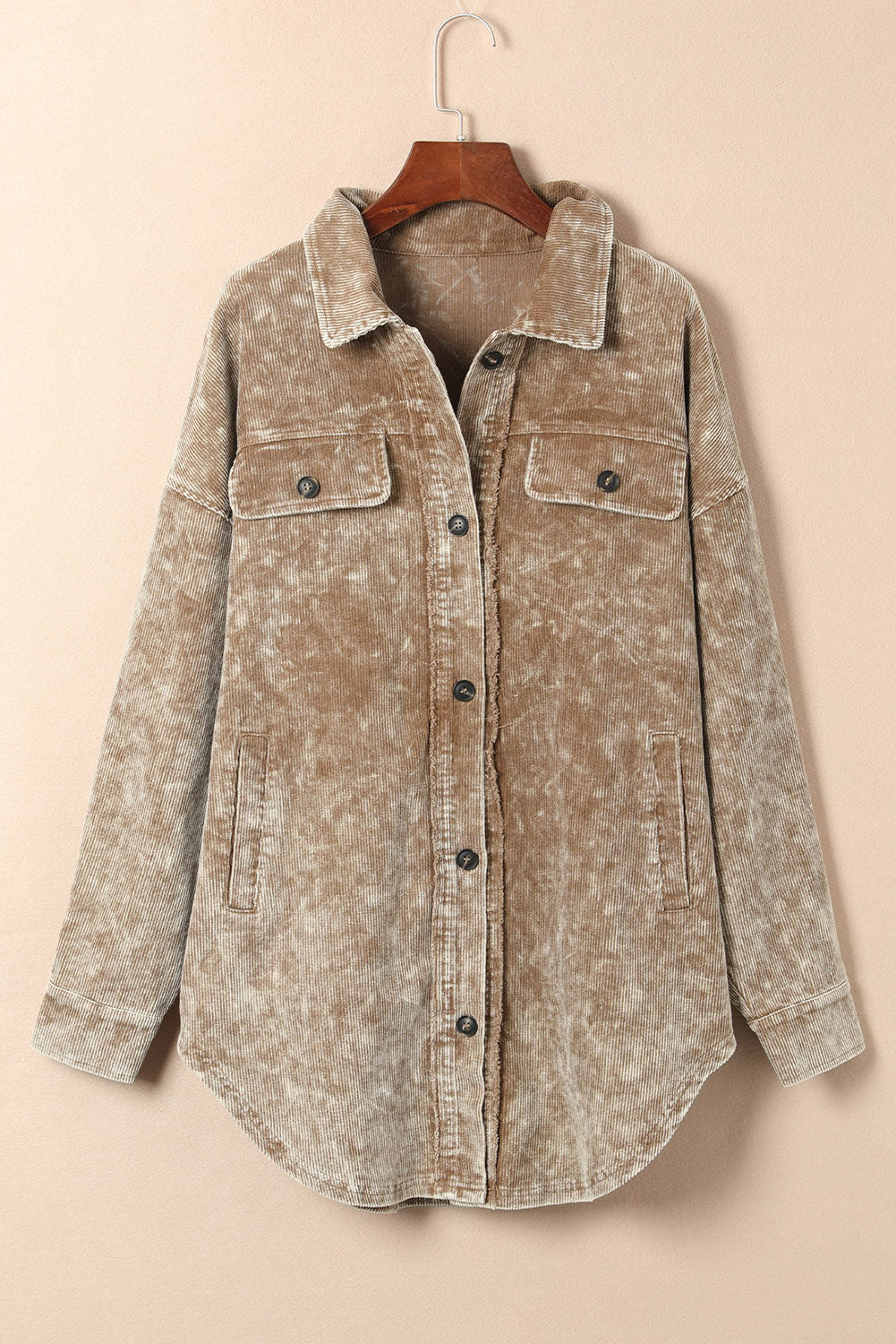 Khaki Vintage Distressed Mineral Wash Oversized Shacket Jackets JT's Designer Fashion