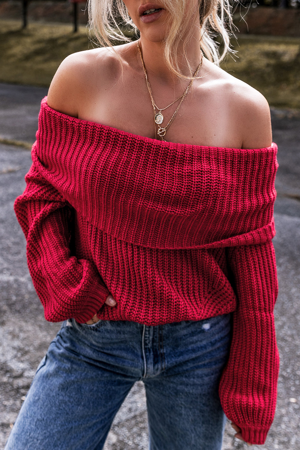 Racing Red Off-the-shoulder Knit Sweater Sweaters JT's Designer Fashion