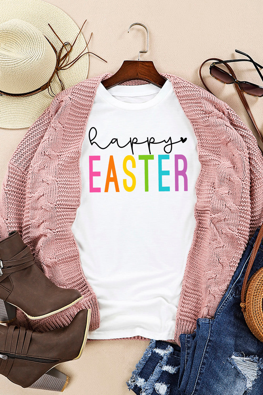 White Happy EASTER Round Neck Graphic Tee Graphic Tees JT's Designer Fashion