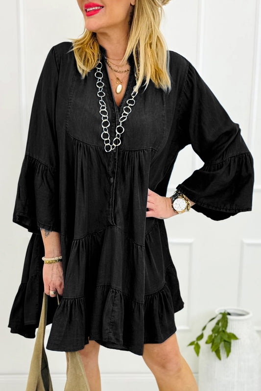 Black Chambray Ruffled 3/4 Sleeve Tiered Split V Neck Mini Dress Mini Dresses JT's Designer Fashion