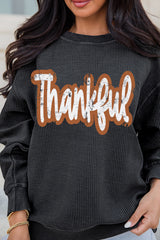 Black Thankful Printed Drop Shoulder Corded Thanksgiving Sweatshirt Graphic Sweatshirts JT's Designer Fashion