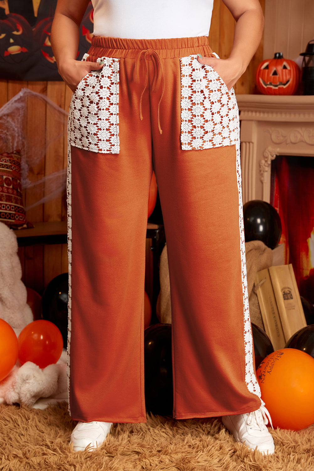 Gold Flame Plus Size Floral Crochet Patch Drawstring Wide Leg Pants Plus Size Bottoms JT's Designer Fashion