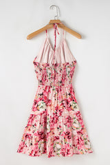 Pink Floral Sleeveless Halter Neck Shirred Back Ruffled Mini Dress Floral Dresses JT's Designer Fashion