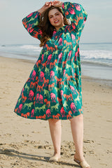 Green Horse Printed Long Sleeve Collared Buttoned Plus Size Midi Dress Plus Size Midi Dresses JT's Designer Fashion