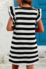 Black Stripe Flutter Sleeve Round Neck Shift Dress Mini Dresses JT's Designer Fashion