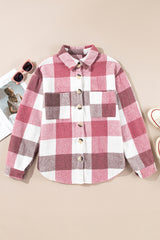 Plaid Color Block Buttoned Long Sleeve Jacket with Pocket Plaid Shackets JT's Designer Fashion