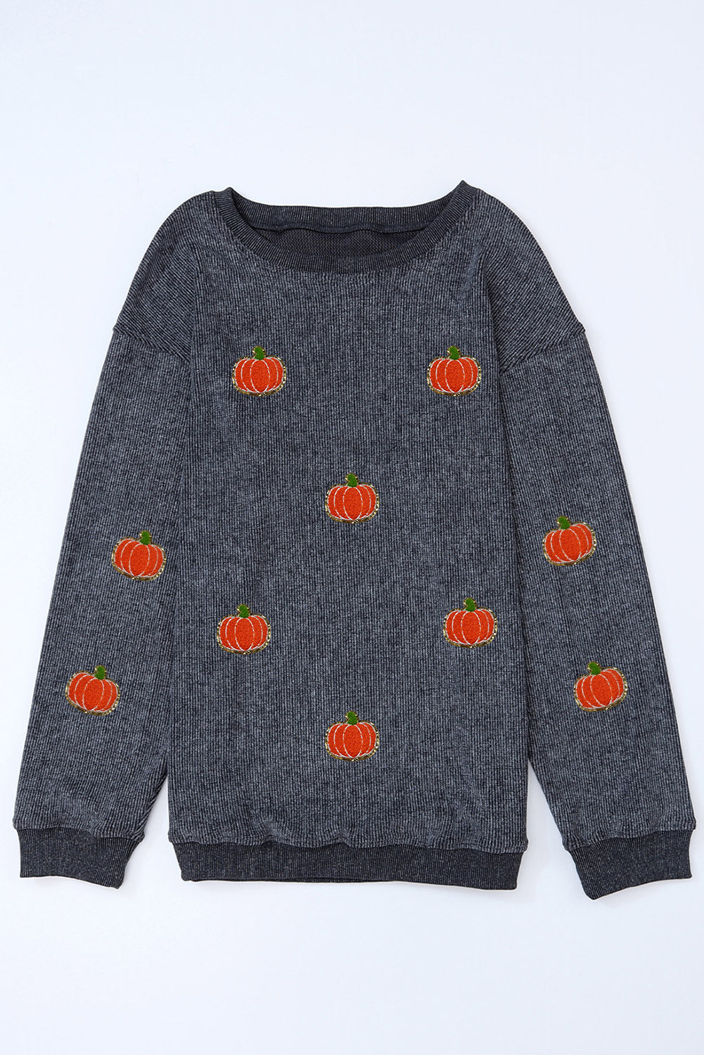 Gray Halloween Pumpkin Graphic Drop Shoulder Ribbed Sweatshirt Graphic Sweatshirts JT's Designer Fashion