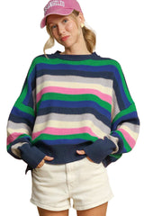 Bright Green Rainbow Striped Crew Neck Drop Shoulder Sweater Sweaters JT's Designer Fashion