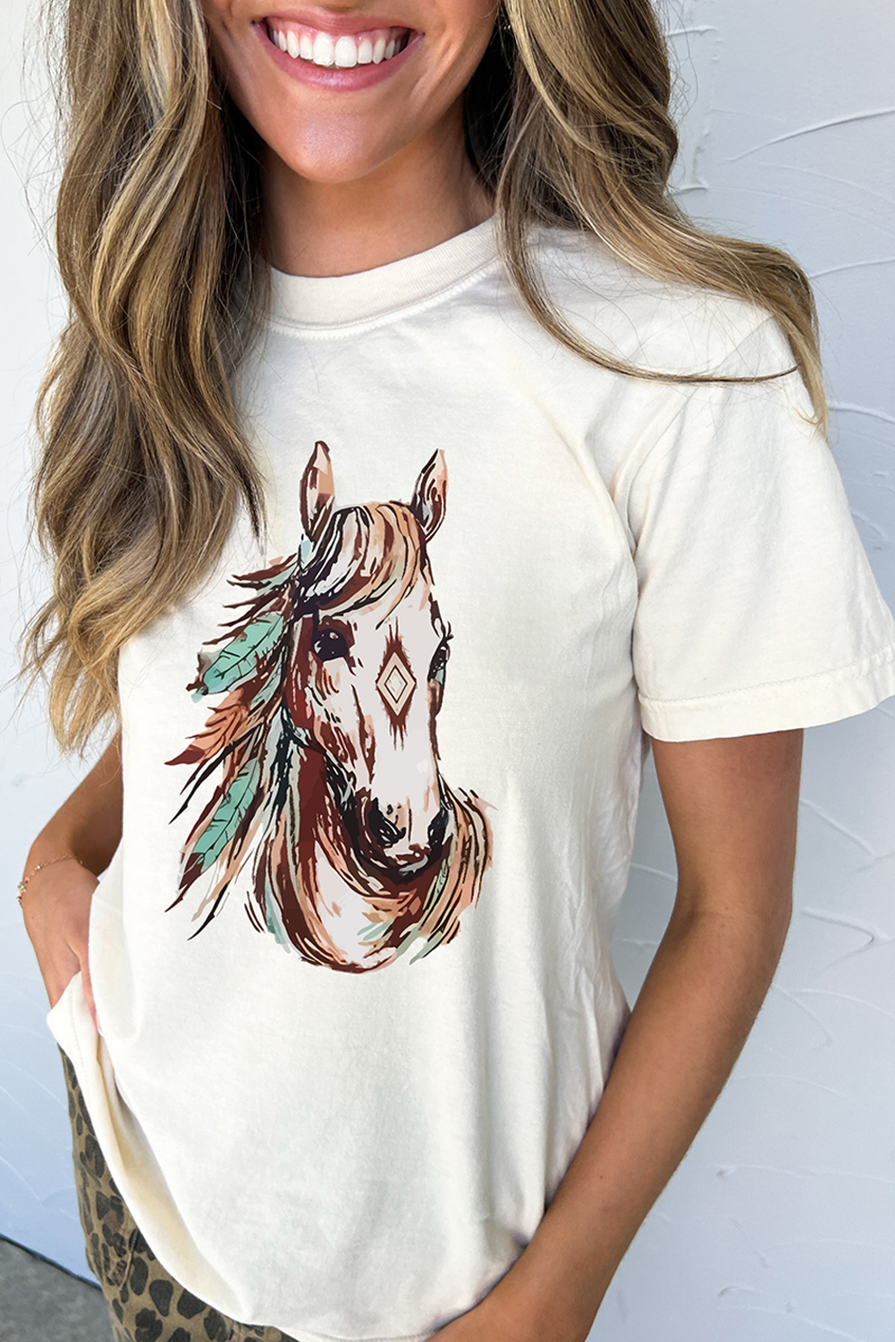 White Western Aztec Horse Graphic Crewneck Tee Graphic Tees JT's Designer Fashion