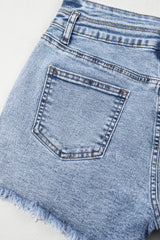 Beau Blue Rhinestone Light Wash Raw Hem High Waist Denim Shorts Denim Shorts JT's Designer Fashion