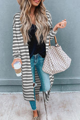 Black Stripe Print Open Front Duster Cardigan Black Stripe 95%Polyester+5%Elastane Cardigans JT's Designer Fashion