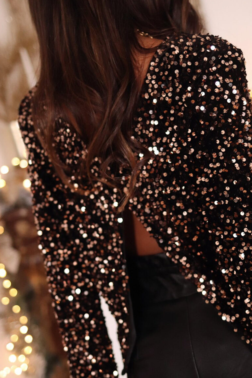 Chicory Coffee Sequin Long Sleeve Cutout Back Top Long Sleeve Tops JT's Designer Fashion