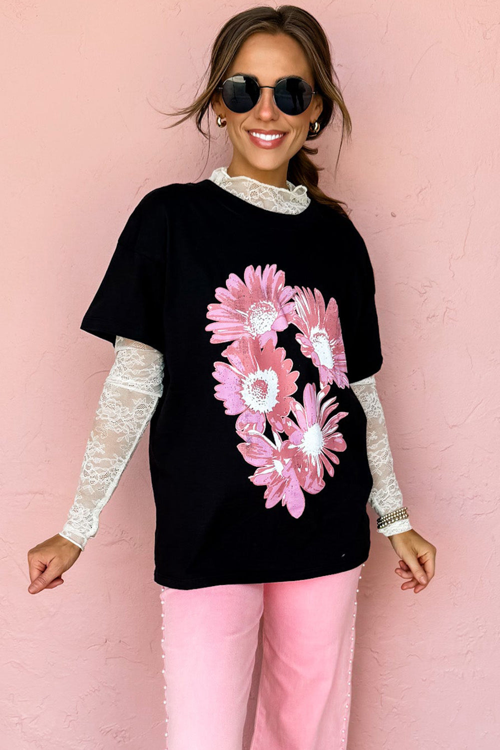 Black Pink Daisy Flower Printed Cotton Blend T Shirt Graphic Tees JT's Designer Fashion
