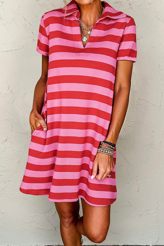 Red Stripe Textured Knit Collared V Neck Shift T Shirt Dress Red Stripe 95%Polyester+5%Elastane T Shirt Dresses JT's Designer Fashion