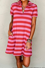 Red Stripe Textured Knit Collared V Neck Shift T Shirt Dress Red Stripe 95%Polyester+5%Elastane T Shirt Dresses JT's Designer Fashion