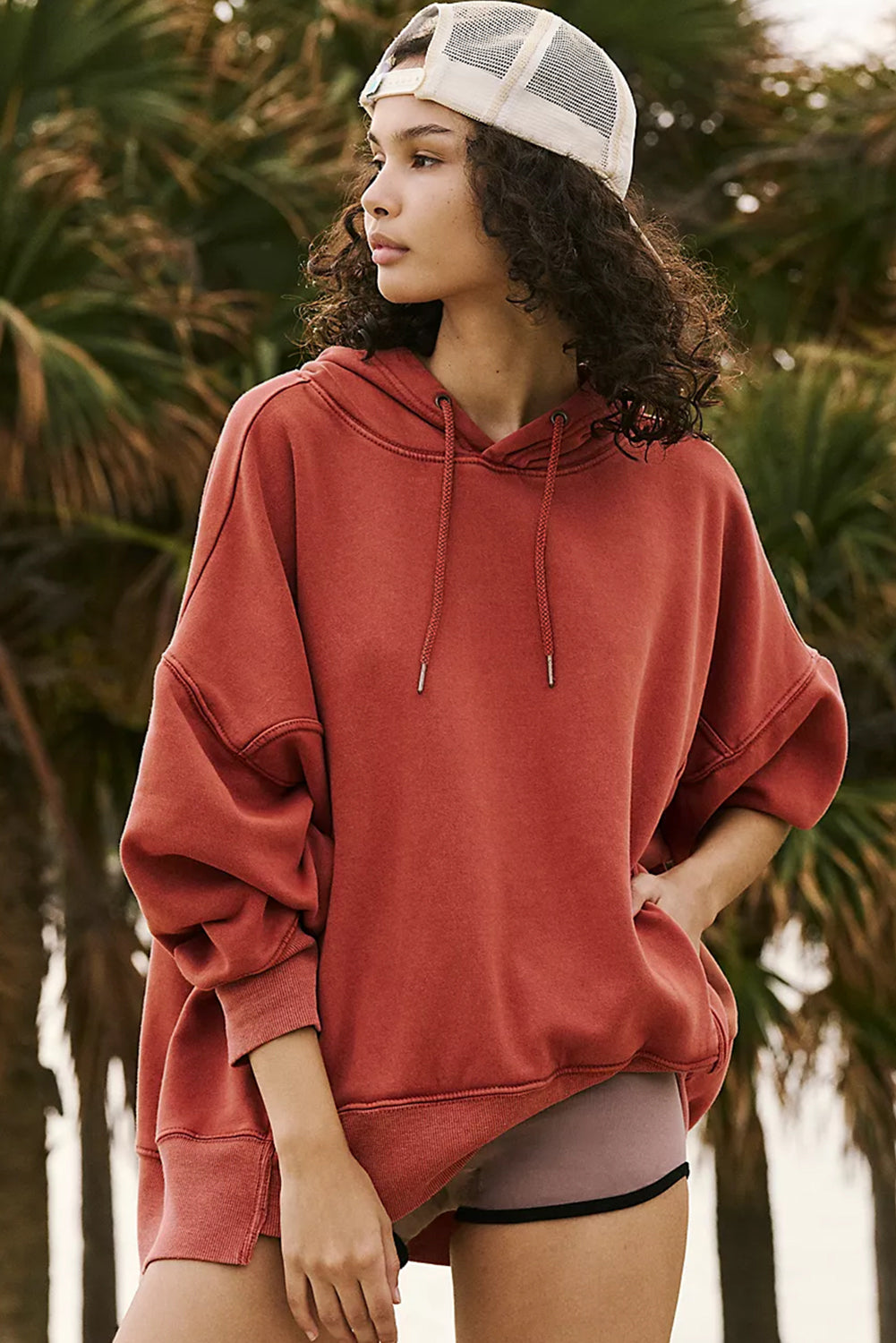 Red Clay Drop Shoulder Pocketed Baggy Drawstring Hoodie Sweatshirts & Hoodies JT's Designer Fashion