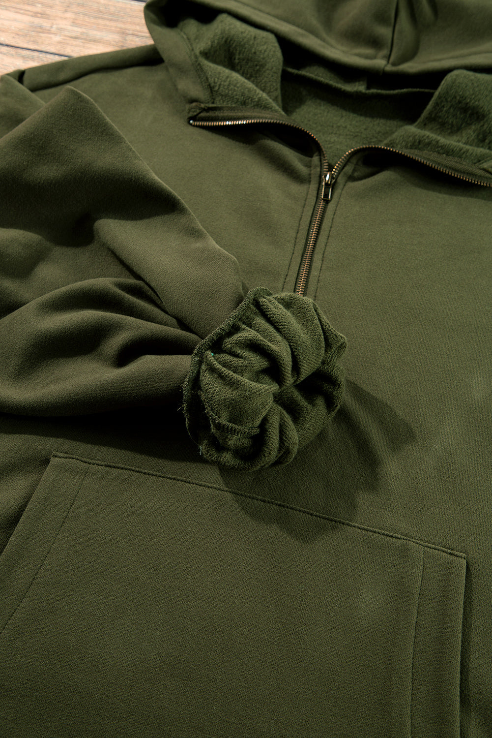 Moss Green Fleece Lined Half Zipper Kangaroo Pockets Loose Hoodie Sweatshirts & Hoodies JT's Designer Fashion