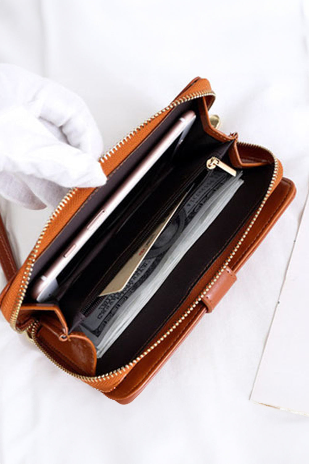 Cinnamon Faux Leather Zip Around Wrist Strap Long Wallet Handbags JT's Designer Fashion