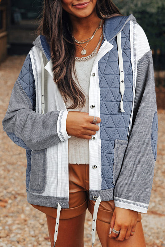 Light Blue Quilted Textured Patchwork Loose Fit Hooded Jacket Light Blue 95%Polyester+5%Elastane Jackets JT's Designer Fashion