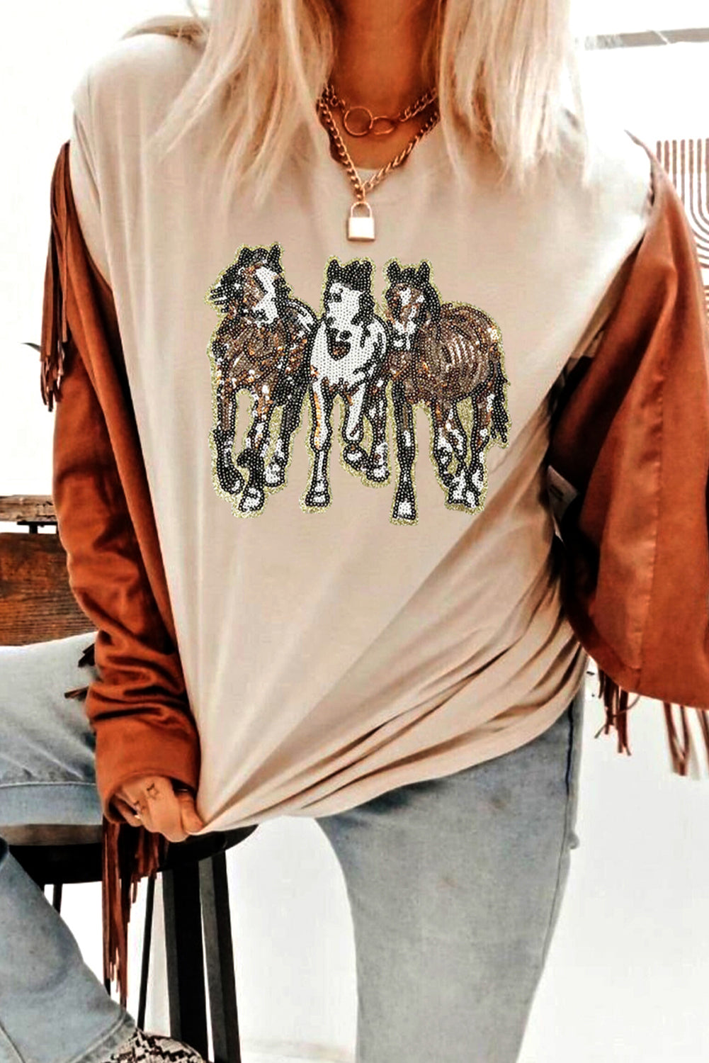 Khaki Sequin Horses Patched Casual Crewneck T Shirt Graphic Tees JT's Designer Fashion