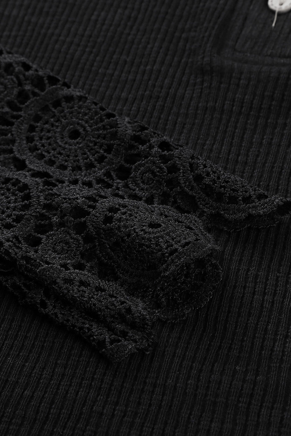 Black Crochet Lace Hem Sleeve Button Top Long Sleeve Tops JT's Designer Fashion