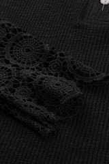 Black Crochet Lace Hem Sleeve Button Top Long Sleeve Tops JT's Designer Fashion