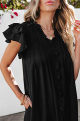 Black Ruffle Sleeve V Neck Frilled Shift Dress Mini Dresses JT's Designer Fashion
