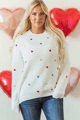 Beige Sequin Heart Shape Waffle Knit Round Neck Sweater Sweaters JT's Designer Fashion