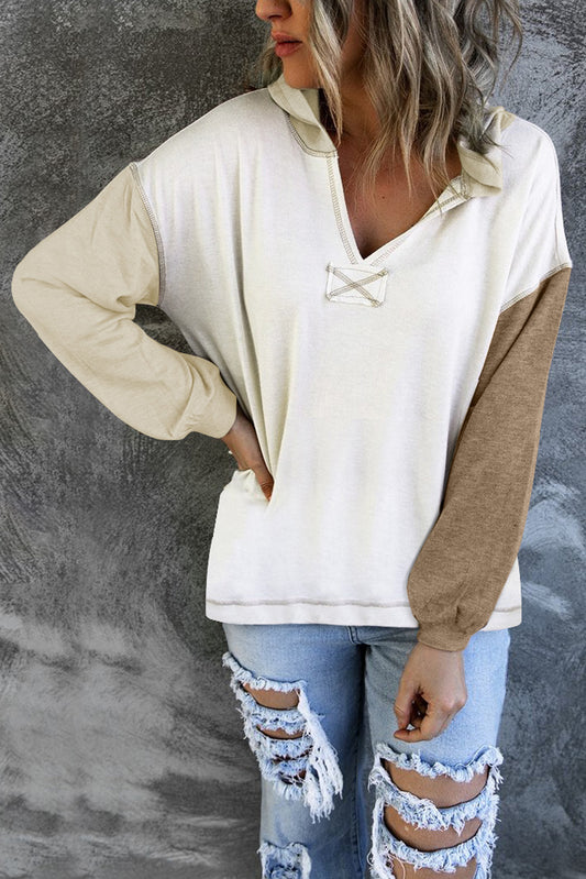 Khaki Colorblock V Neck Long Sleeve Hoodie Sweatshirts & Hoodies JT's Designer Fashion