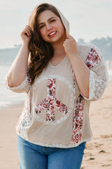 Khaki V Neck Floral Peace Sign Graphic Lace Patch Ribbed Plus Size Hooded Top Plus Size Tops & Tees JT's Designer Fashion