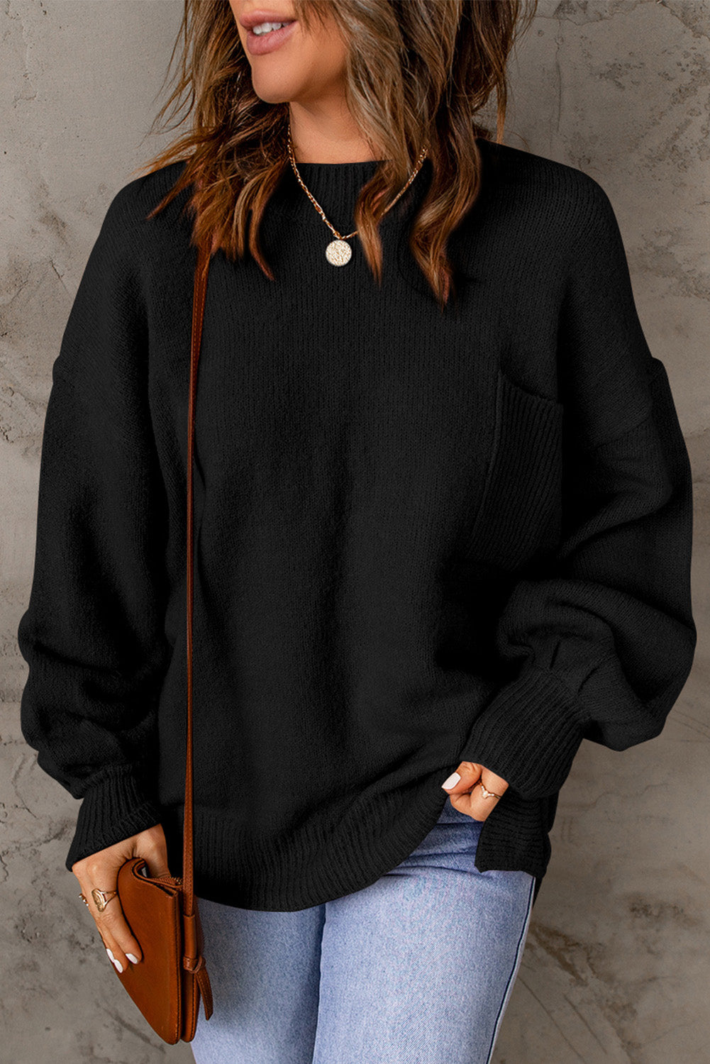 Black Solid Color Puffy Sleeve Pocketed Sweater Sweaters & Cardigans JT's Designer Fashion