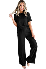 Black Solid Color T Shirt 2pcs Wide Leg Pants Set Pant Sets JT's Designer Fashion