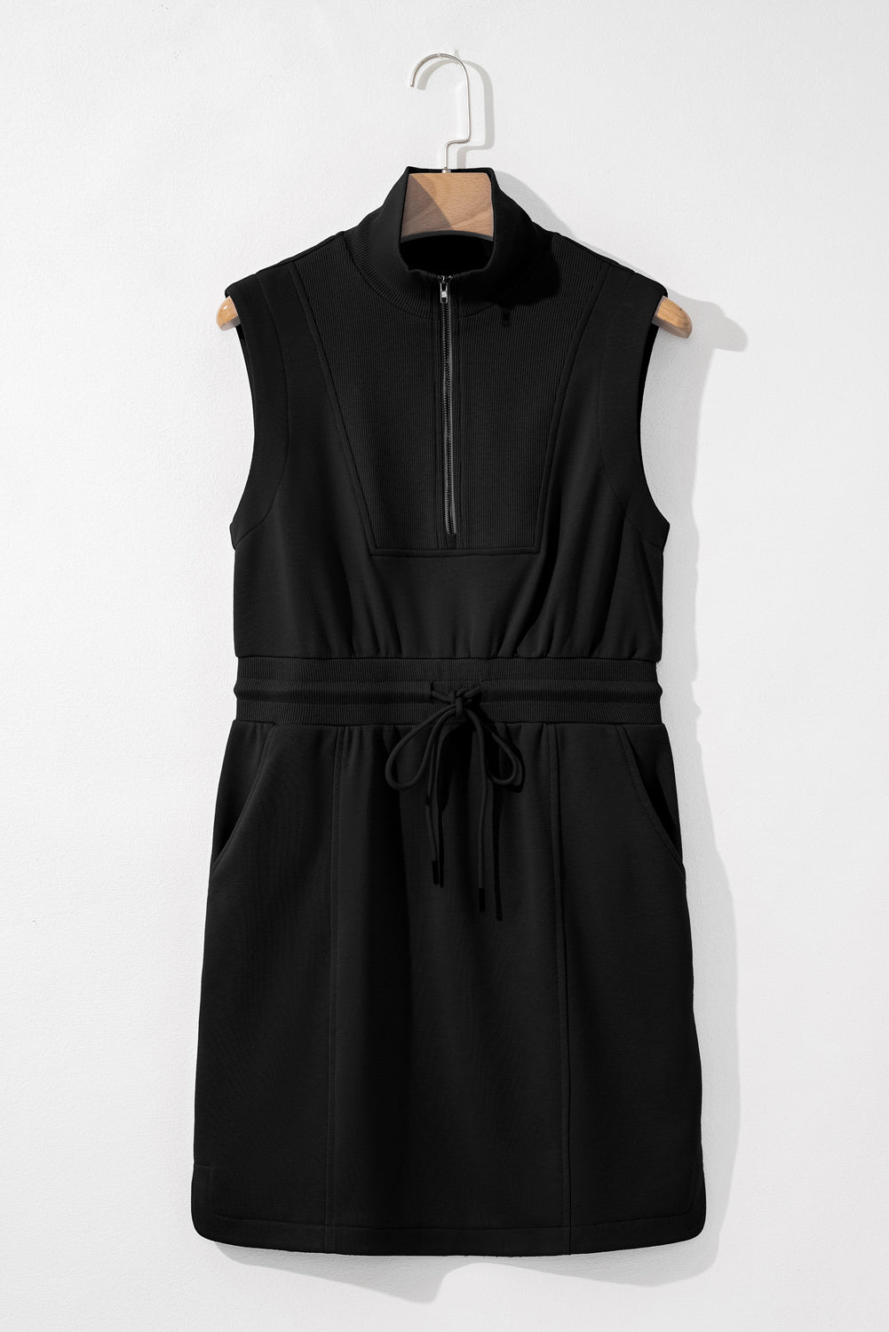 Black French Terry Zipped Collar Sleeveless Drawstring Waist Mini Dress Mini Dresses JT's Designer Fashion