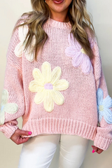Pink Petals & Threads Embroidered Floral Sweater Pink 60%Cotton+40%Acrylic Sweaters JT's Designer Fashion