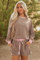 Brown Checkerboard Long Sleeve Pullover and Shorts Set Brown 90%Polyester+10%Elastane Short Sets JT's Designer Fashion