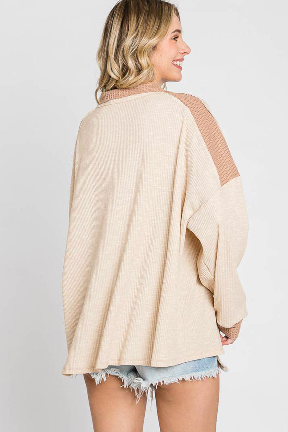 Apricot Oversized Knit Top With Waffle Contrast Long Sleeve Tops JT's Designer Fashion