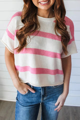 Pink Stripe Dropped Short Sleeve Lightweight Knitted Top Sweaters & Cardigans JT's Designer Fashion