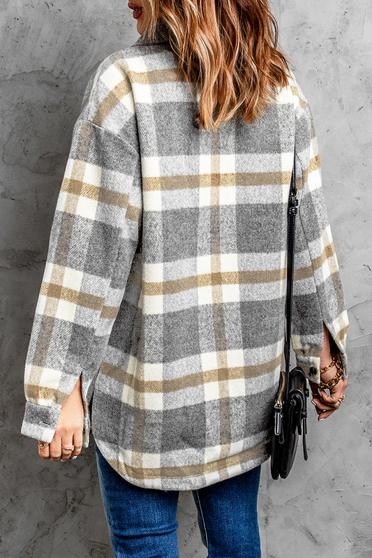 Brown Plaid Print Pocket Women Shacket Plaid Shackets JT's Designer Fashion