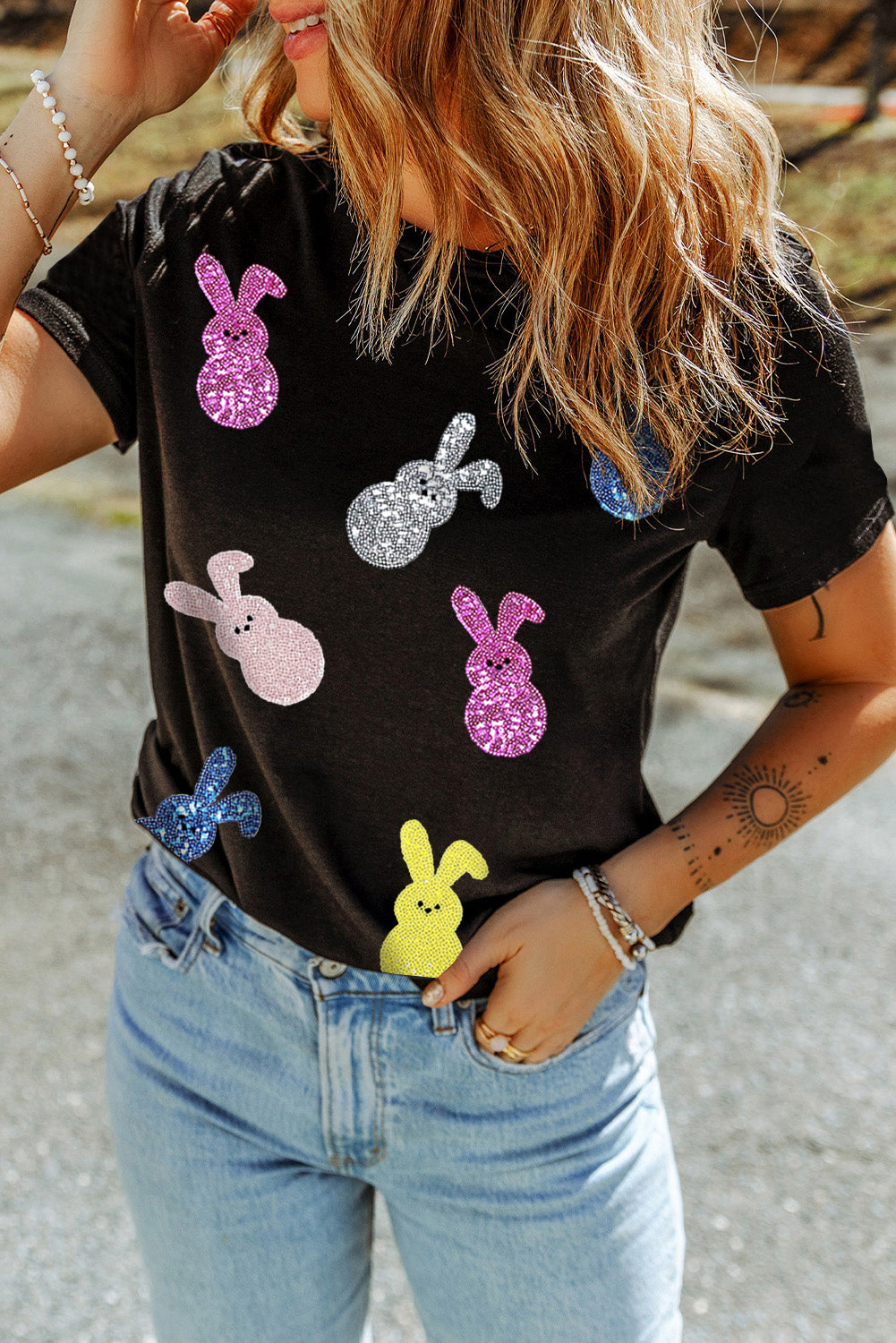 Black Sequin Bunny Doll Graphic Easter Day T Shirt Graphic Tees JT's Designer Fashion