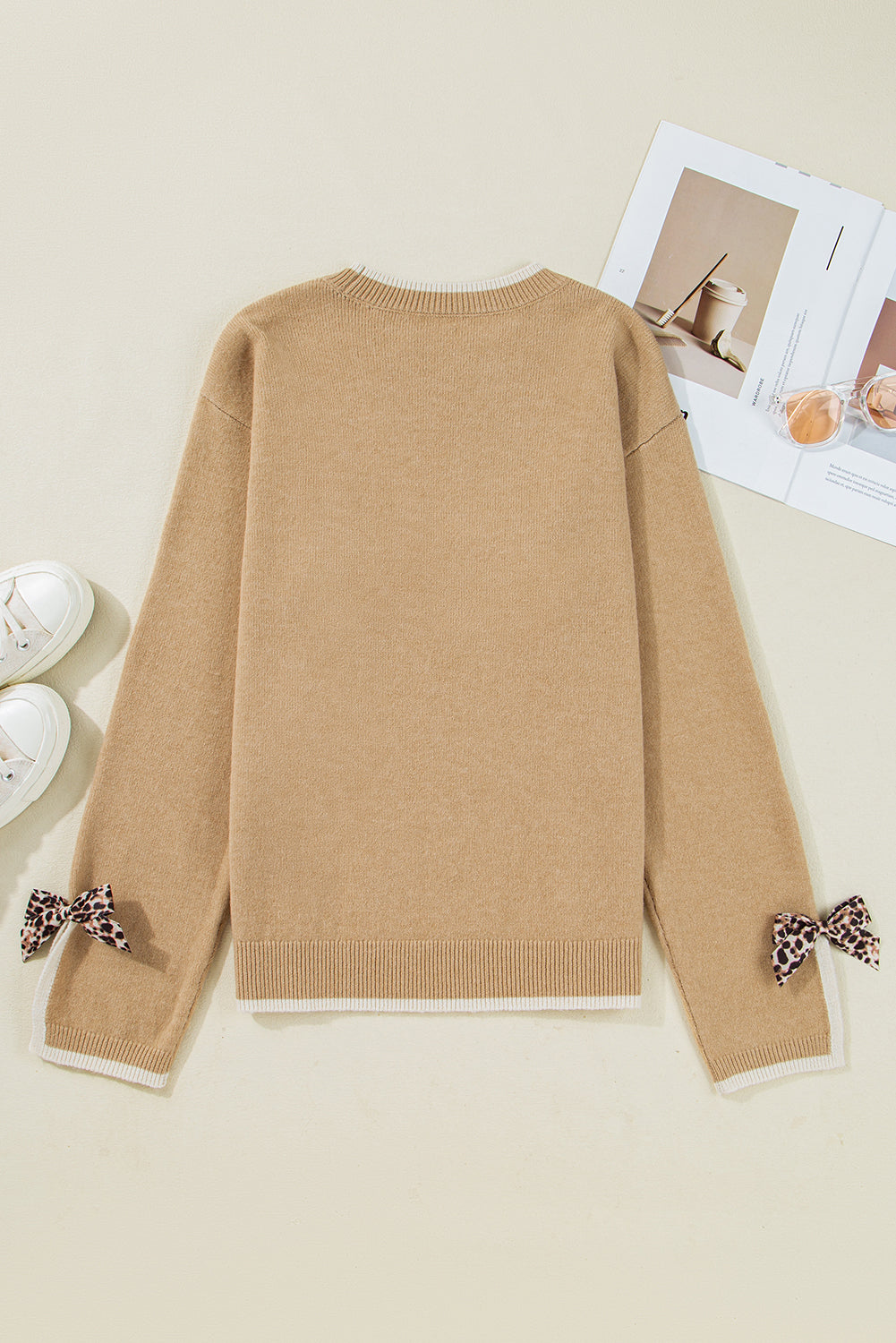 Tan Leopard Bow Decor Split Cuff Contrast Trim Sweater Sweaters JT's Designer Fashion