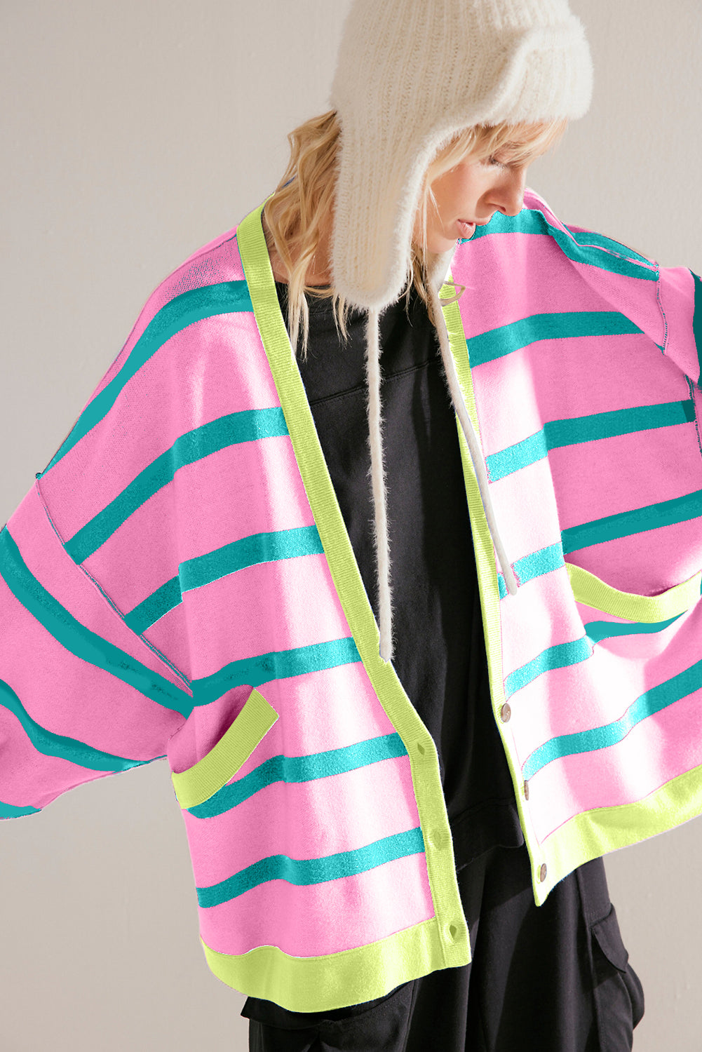 Pink Stripe Colorblock Drop Shoulder Buttoned Loose Cardigan Cardigans JT's Designer Fashion